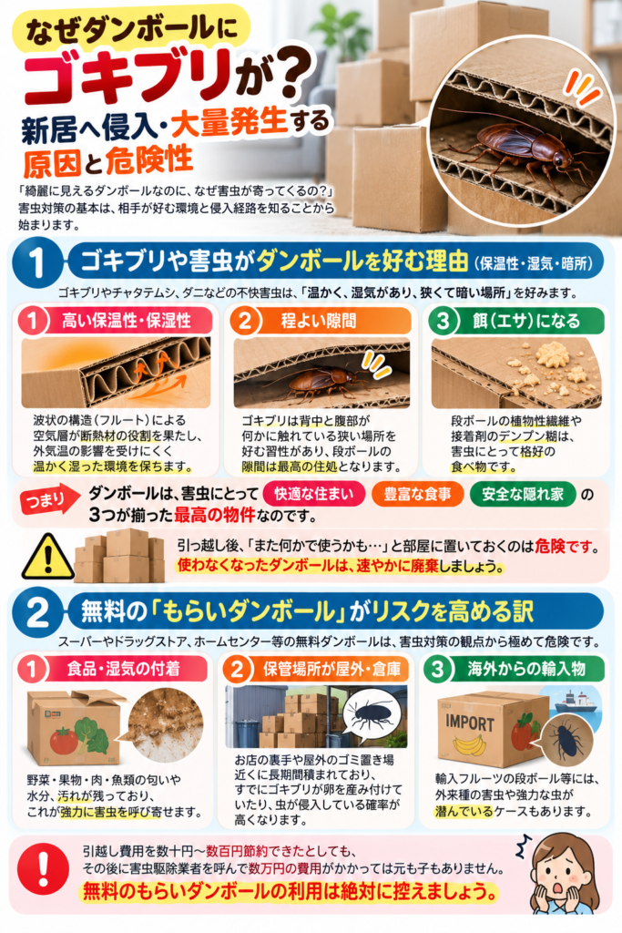 なぜダンボールにゴキブリが?新居へ侵入・大量発生する原因と危険性